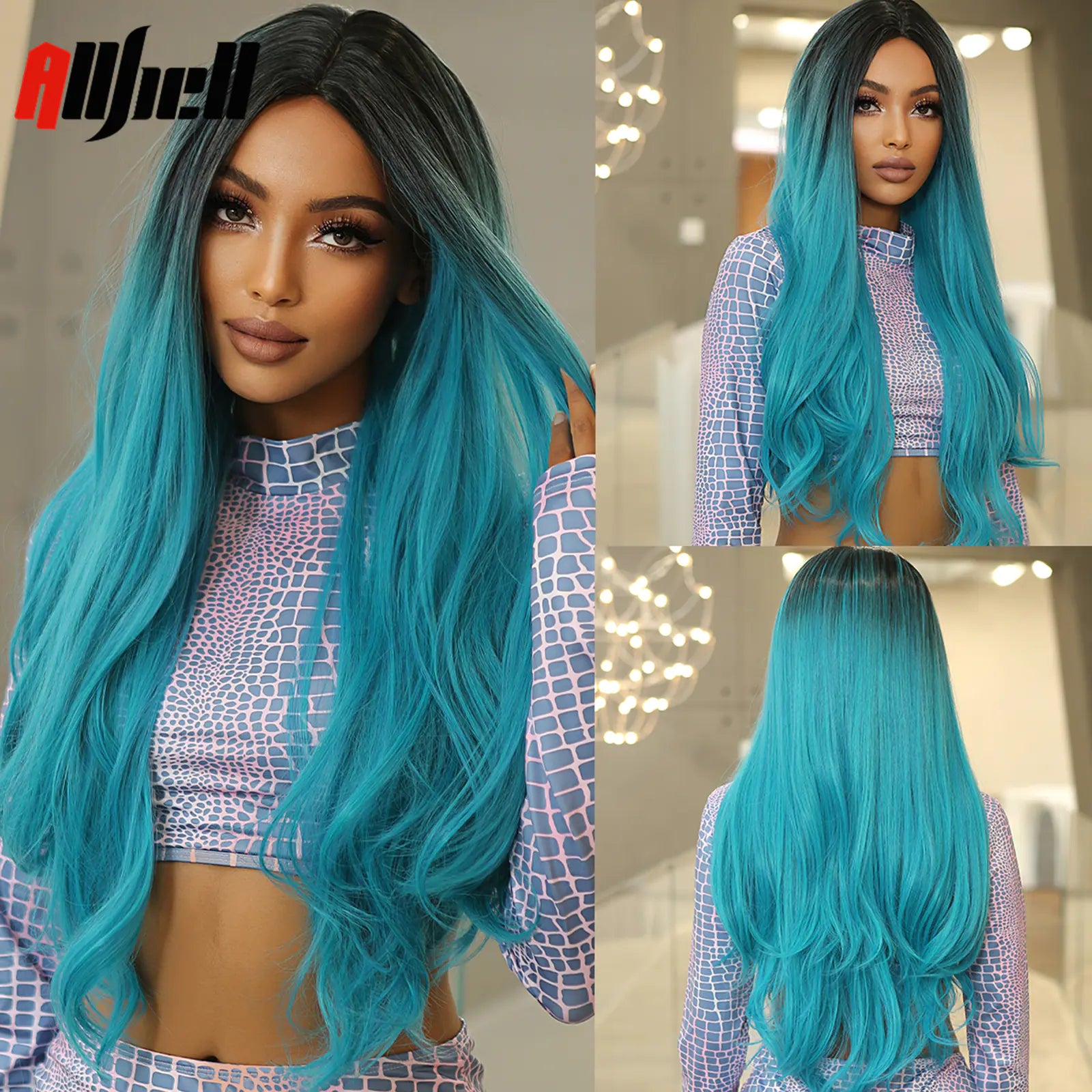 Long Wavy Blue Ombre Cosplay Wig for Women