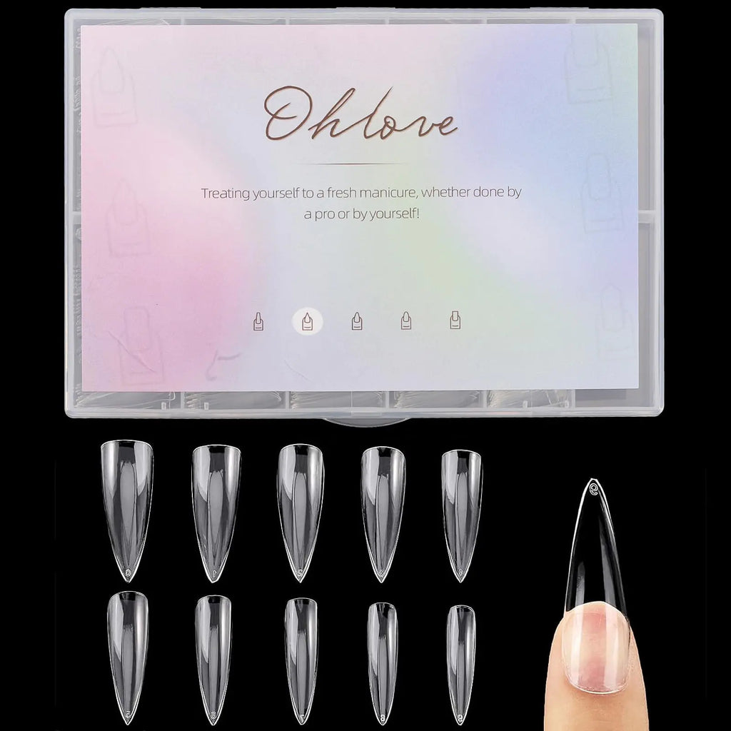 500Pcs Stiletto Nail Tips Full Cover Clear Fake Nails for Acrylic Nails 10 Sizes