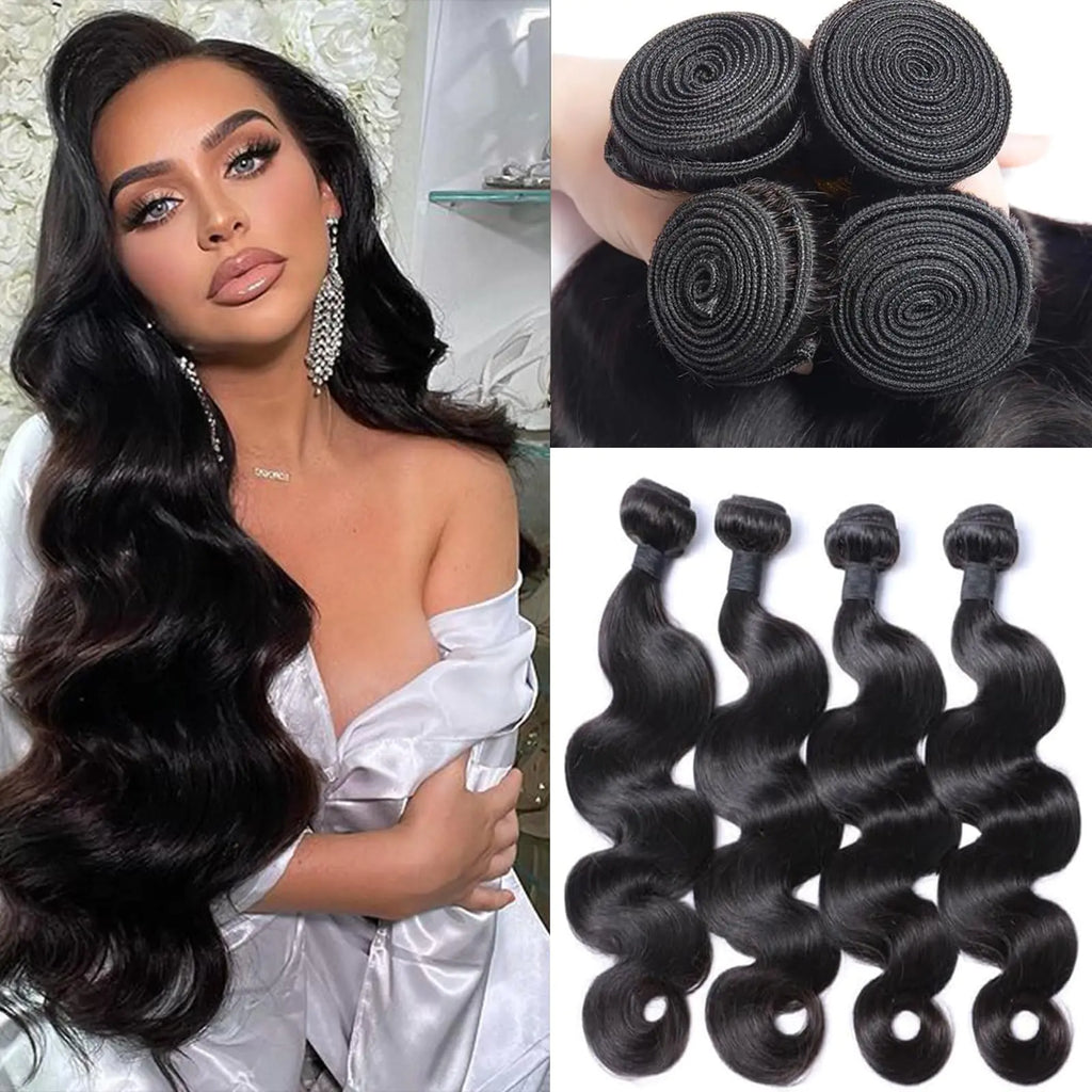 12A Human Hair Bundles 16 18 20 22 Inch Body Wave Bundles Human Hair 100% Unprocessed Brazilian Virgin 4 Bundles Human Hair Extensions Real Human Hair Quick Weave Bundles Natural Black