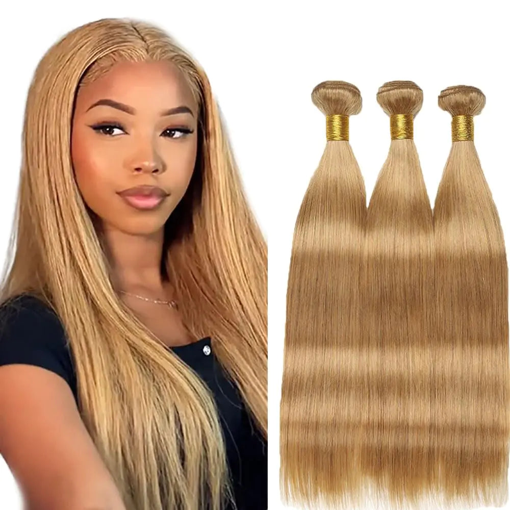 24 26 28 Inch Color 27 Bundles Honey Blonde Straight Human Hair Bundles Brazilian Color 27 Straight Bundles Human Hair Honey Blonde Bundles Remy Hair Extensions