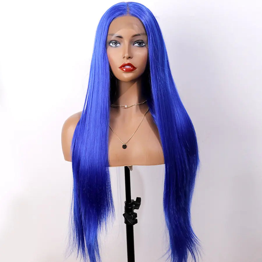 Blue Long Straight Synthetic Lace Front Wig