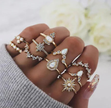 15-Piece Heart Ring Set with Cross and Diamond Design