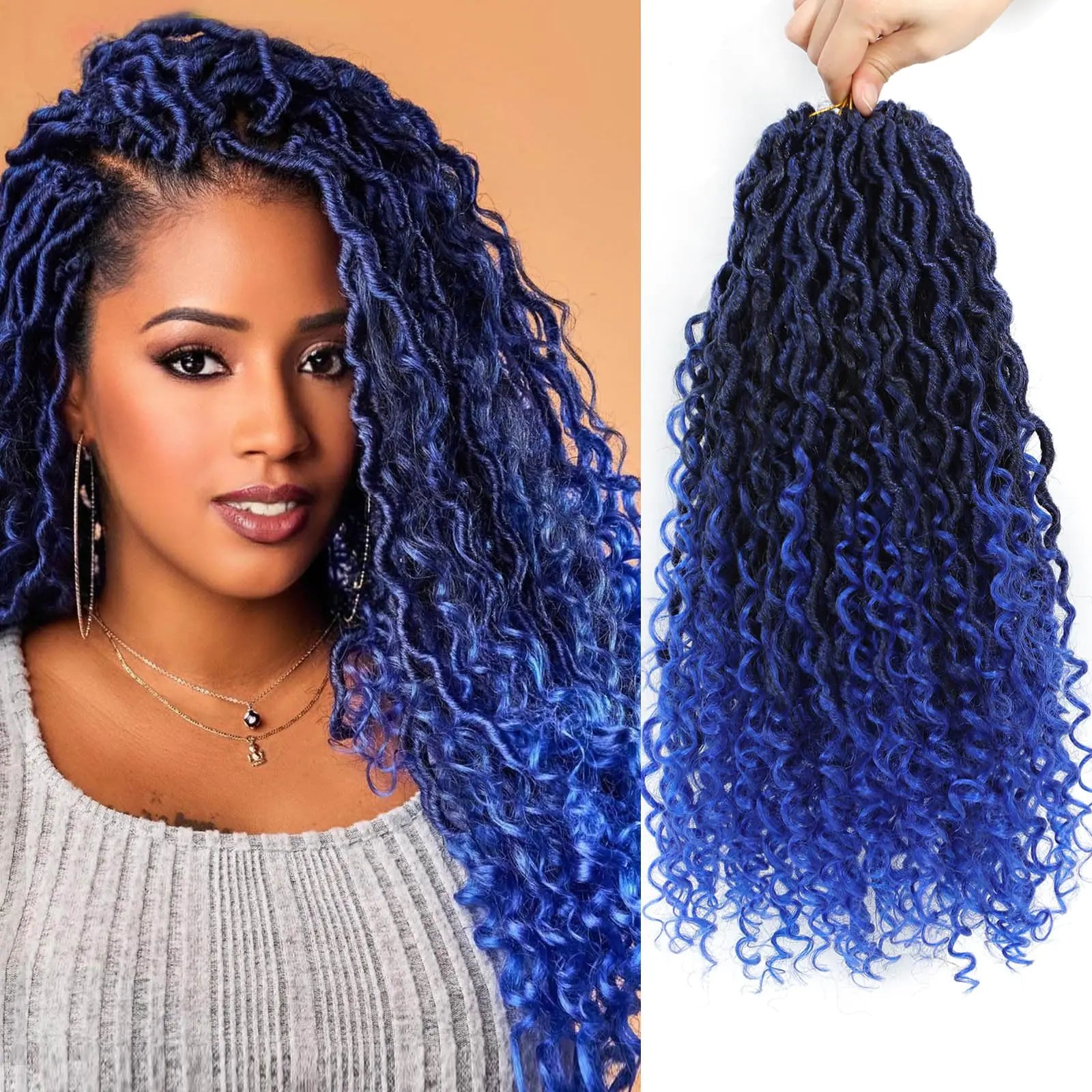14 Inch 8 Packs Goddess Locs Crochet Hair Ombre Faux Locs Crochet Hair for Women Pre Looped Boho River Locs Crochet Hair with Curly Ends Synthetic (#TBlue)