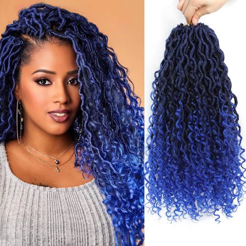 14 Inch 8 Packs Goddess Locs Crochet Hair Ombre Faux Locs Crochet Hair for Women Pre Looped Boho River Locs Crochet Hair with Curly Ends Synthetic (#TBlue)