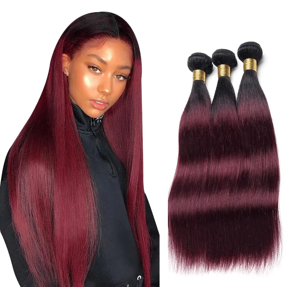 24 26 28 Inch Ombre Bundles Burgundy Straight Human Hair Bundles 8A Grade Brazilian 1B99J Straight Bundles Human Hair Two Tone Black And Wine Red Bundles Human Hair Extensions