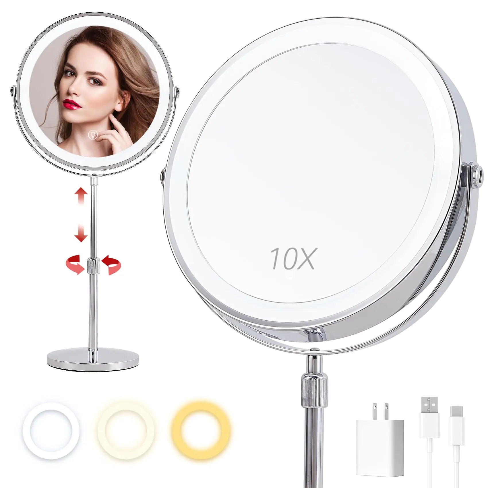 10x Lighted Makeup Mirror Vanity Mirror with Lights，Rechargeable 9" Height Adjustable Vanity Mirror 1x/10x Magnifying Mirror with 3 Color Brightness Adjustable 360° Rotation Double Sided Mirror