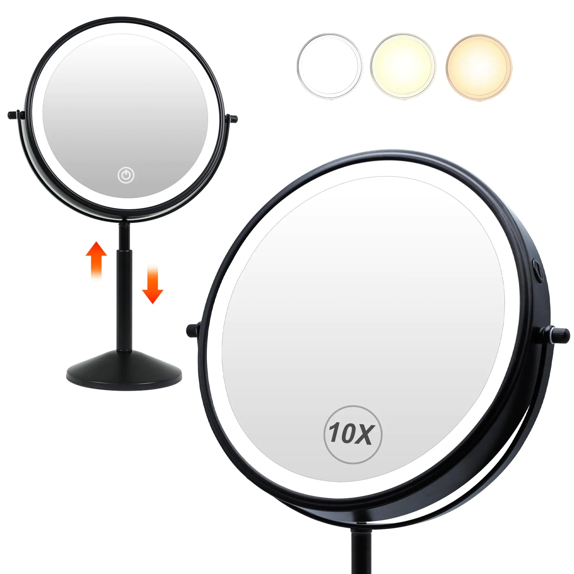 9"Lighted Makeup Mirror TUSHENGTU 10X/ 1X Black Magnifying Makeup Vanity Mirror with Lights Height Adjustable Rechargeable Makeup Mirror with Lights LED 360°Double Sided Mirror with 3 Color Lights