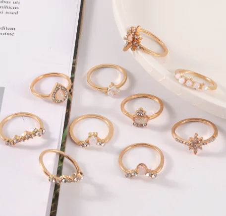 15-Piece Heart Ring Set with Cross and Diamond Design