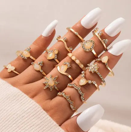 Crown Water Drop Ring Set - 12 Piece Joint Rings