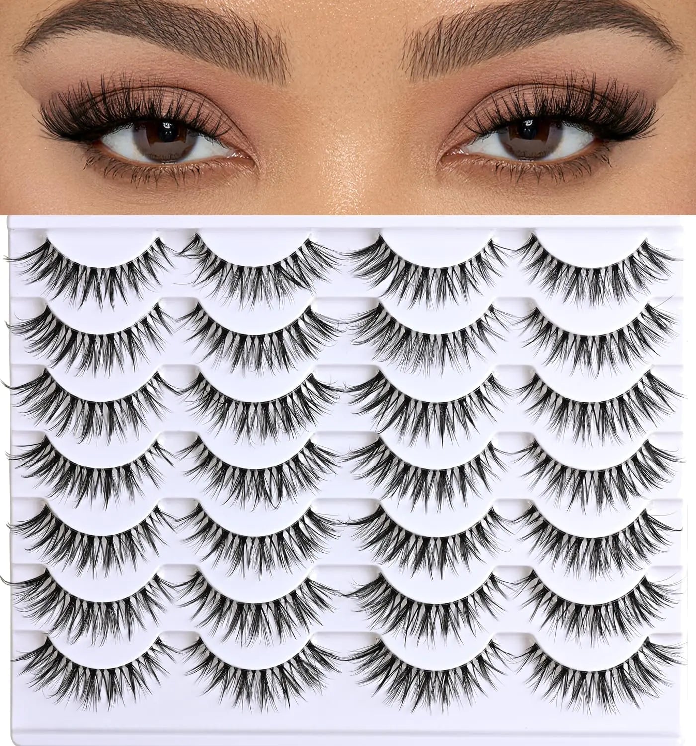 APCYUST Lashes Natural False Eyelashes Cat Eye Lashes 14 Pairs Clear Band Fake Eyelash Natural Lash Strips Fluffy Eye Lashes Pack Short Mink Strip Lashes Natural Look Wispies Cateye Lashes for Women