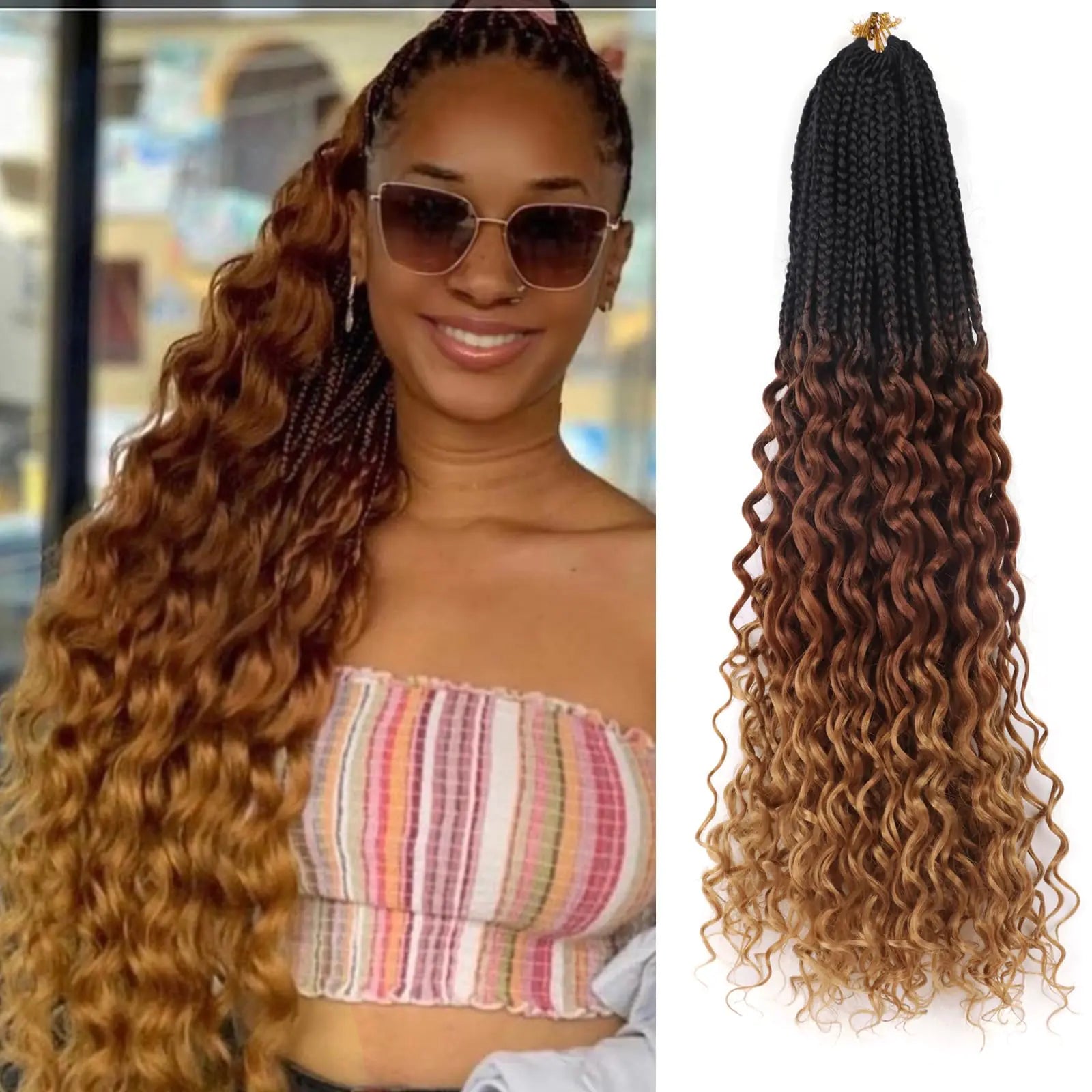 3 Tone Deep Wave Goddess Box Braids Crochet Hair for Black Women 24 Inch 7 Packs Box Braids with Curly Ends Long Curly Crochet Braiding Hair Water Wave Crochet Braids Pre Looped (1B3027)