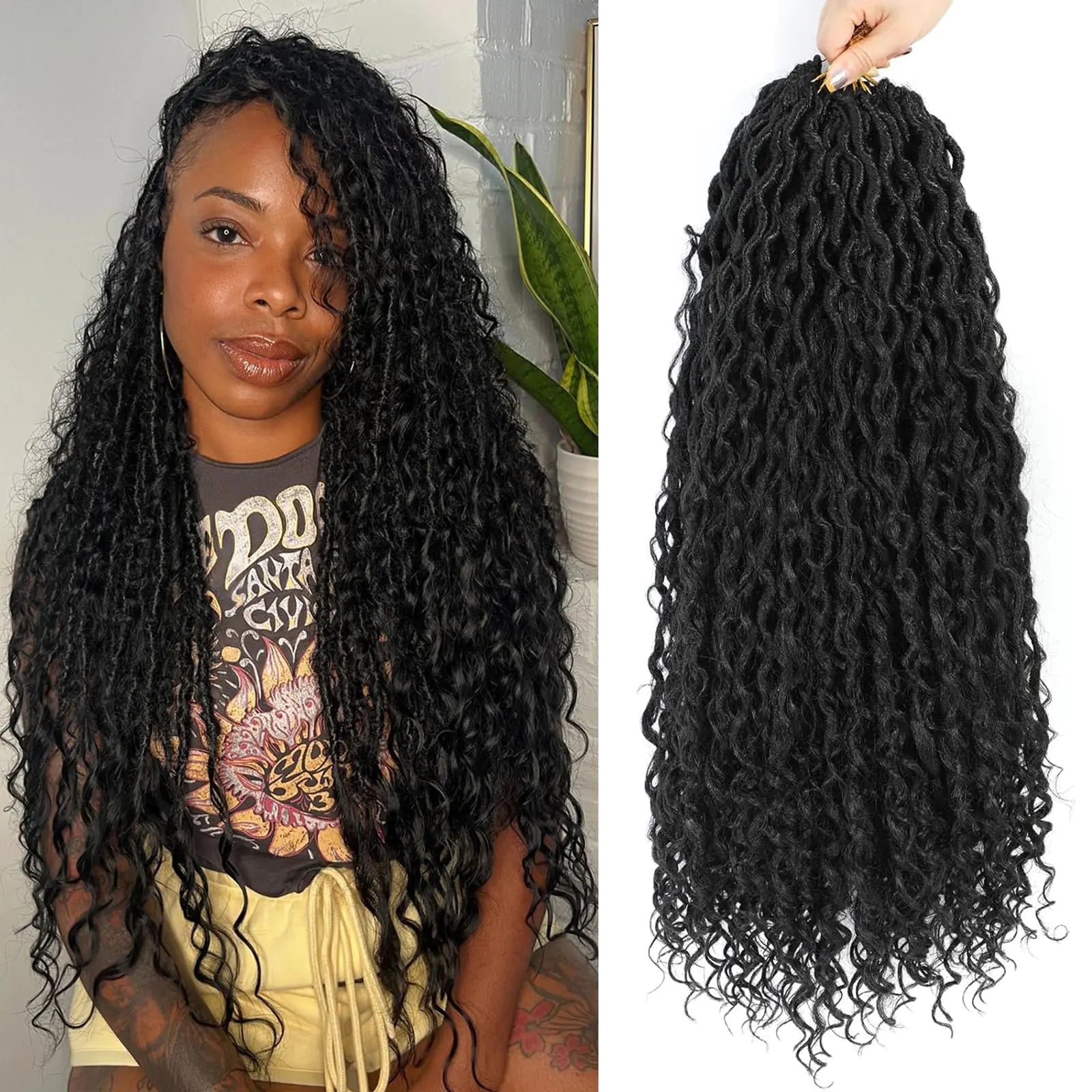 Alicoco Goddess Locs Crochet Hair 24 Inch 8 Packs Faux Locs Crochet Hair For Women Boho Soft Locs Pre-looped River Crochet Locs With Curly Ends (24 Inch (Pack of 8) 1B)