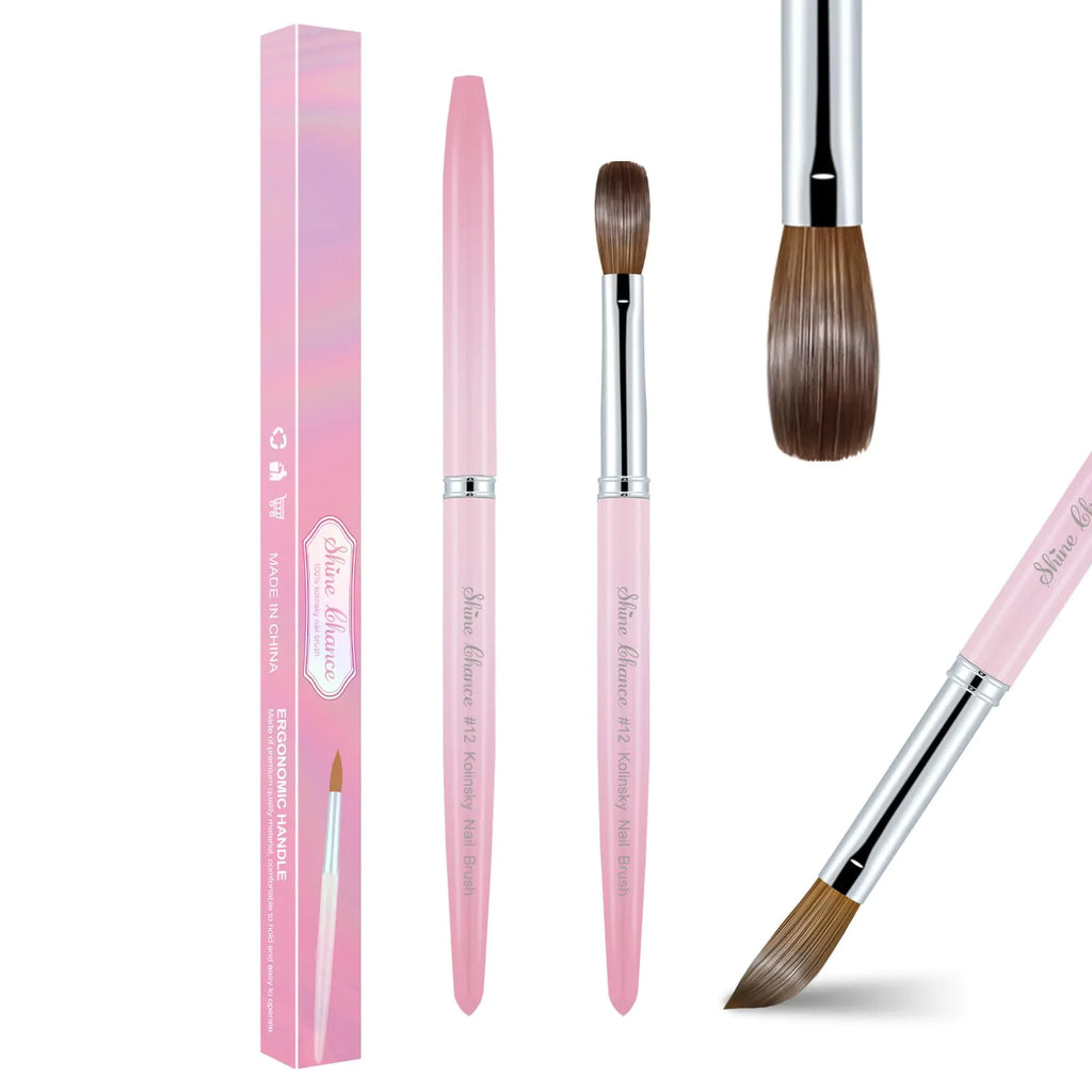 Acrylic Nail Brush Size 12 100% Pure Kolinsky Nail Brush for Acrylic Application Professional Nail Extension Manicure Tool Nail Drawing Pen for DIY Home Salon(Pink)
