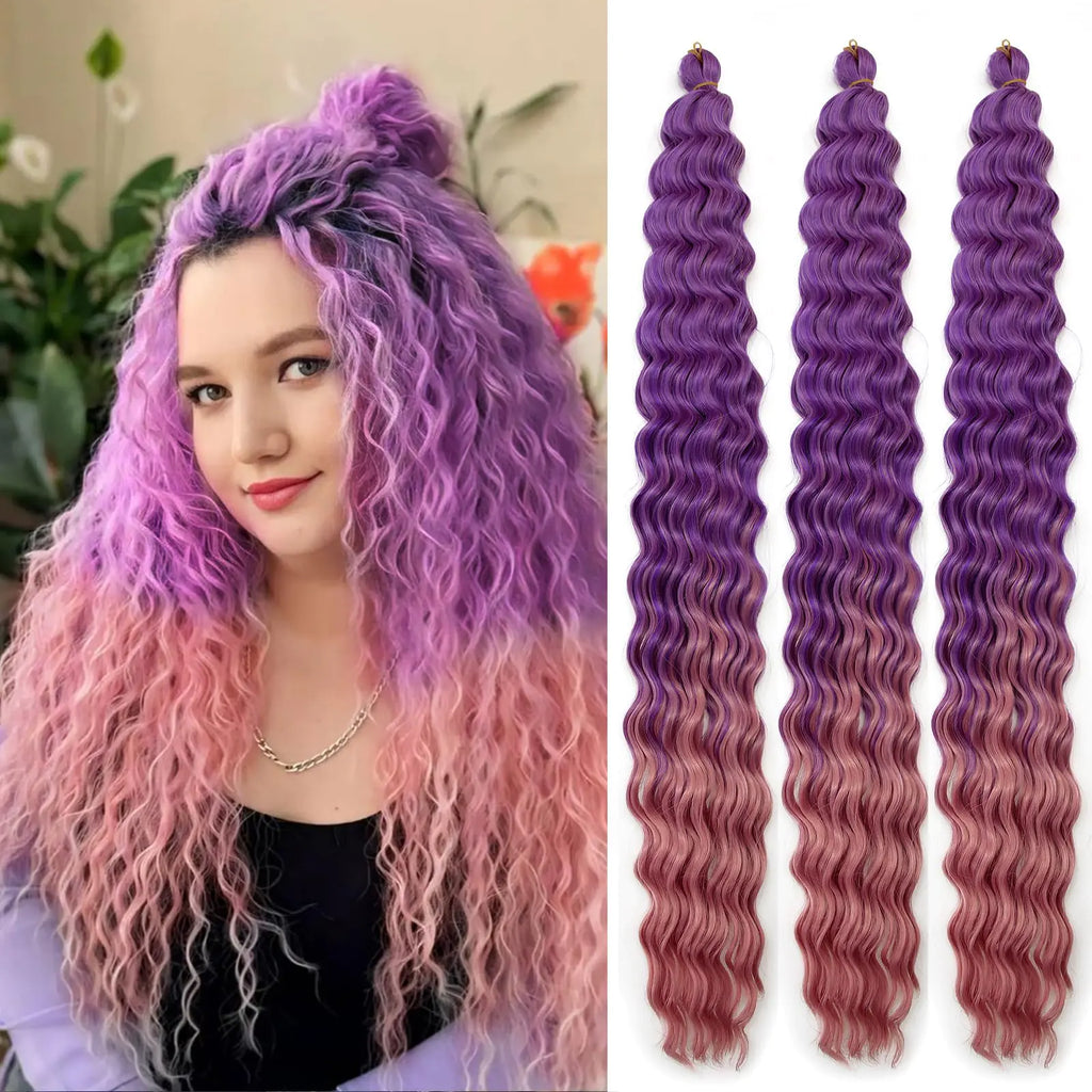 22 Inch Ocean Wave Crochet Hair 3 Packs Long Curly Braiding Hair for Boho Braids Deep Wave Crochet Hair Boho Hair for Braiding(Purple/Deep Pink)