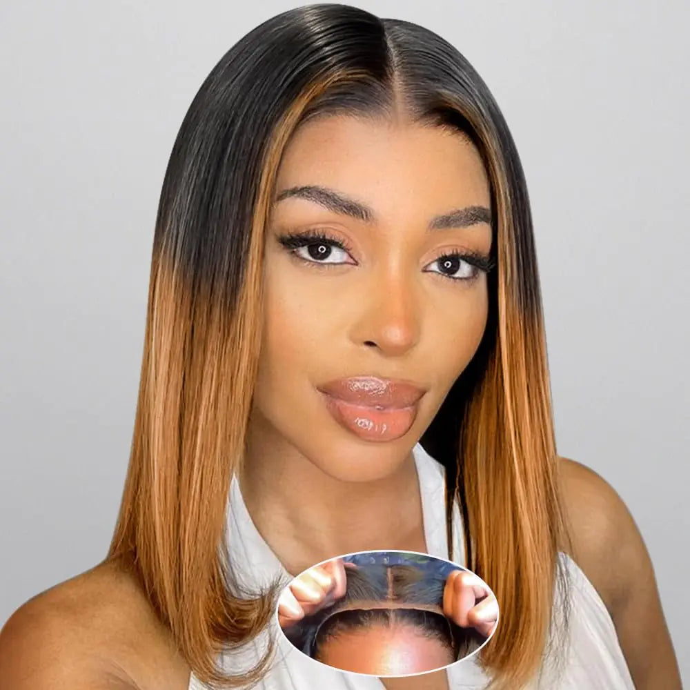 Amuopz Bob Wig Human Hair 1B/30 Light Brown Wig 5x5 Closure Wigs Human Hair Glueless Wigs Human Hair Pre Plucked Pre Cut Ombre Ready to Wear Wigs Glueless Human Hair 200% Density 14"