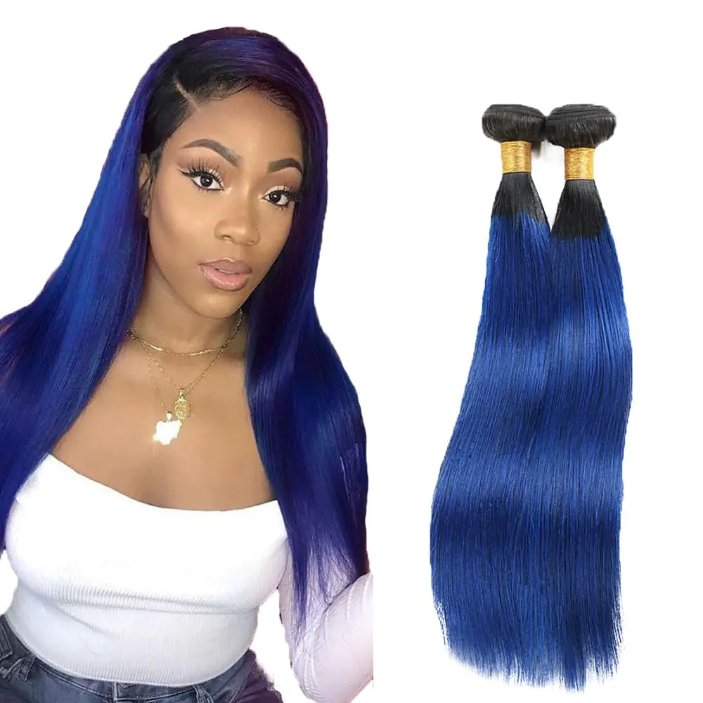 1B/Blue Bundles Human Hair 26 28 Inch Ombre Human Hair Straight Bundles 10A Unprocessed Brazilian Virgin Hair 2 Bundles Two Tone Ombre Blue Straight Bundles Human Hair Extensions