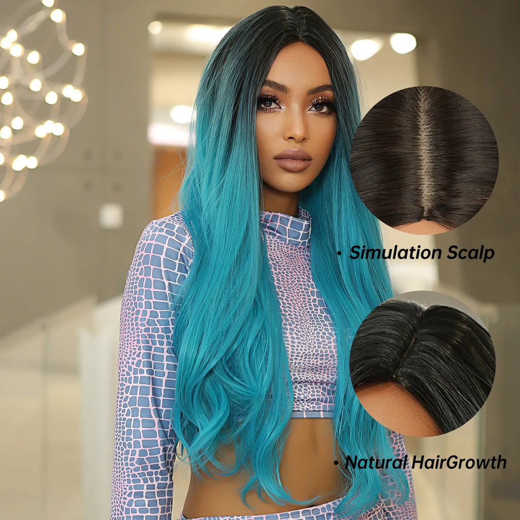 Long Wavy Blue Ombre Cosplay Wig for Women