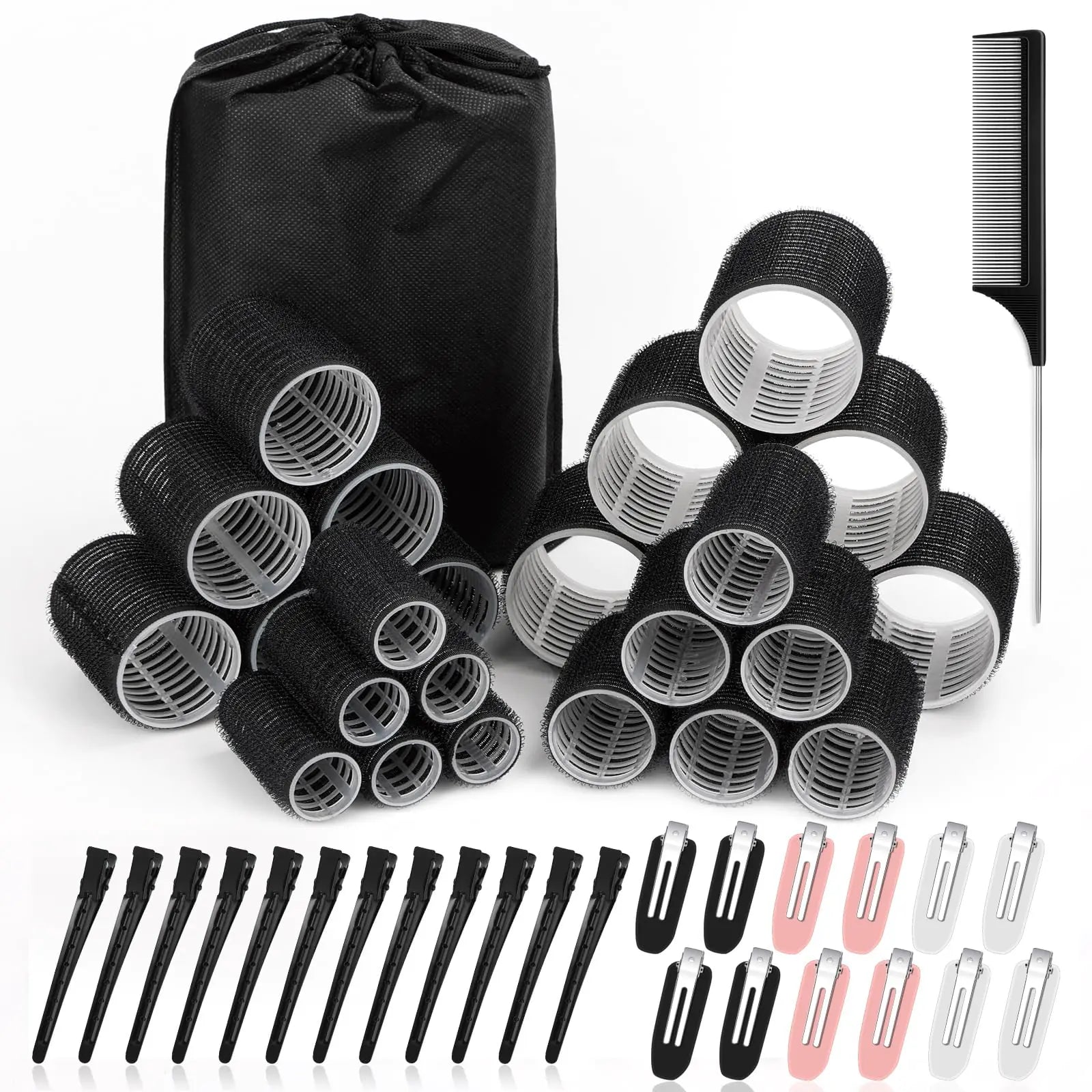 50 Pcs Rollers Hair Curlers Set with 24Pcs Self Grip Hair Rollers 4 Sizes and 24 Pcs Hair Clips for Blowout Look Long Medium Short Thick Hair Volume