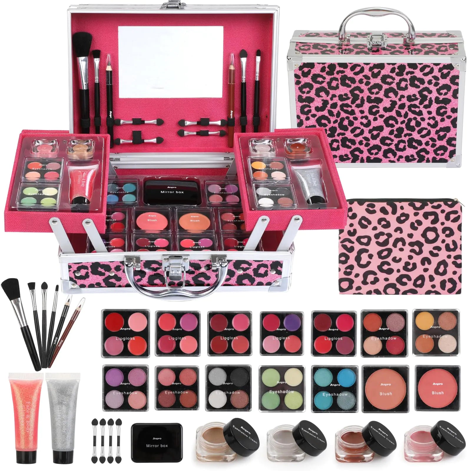 Anpro All-In-One Leopord Double Folding Makeup Carry Case with Pro Teen Makeup Set Full Starter Kit with Makeup Brushes Lipsticks Eyeshadow Palette Blushes Glitter Gel Ideal Present for Girls