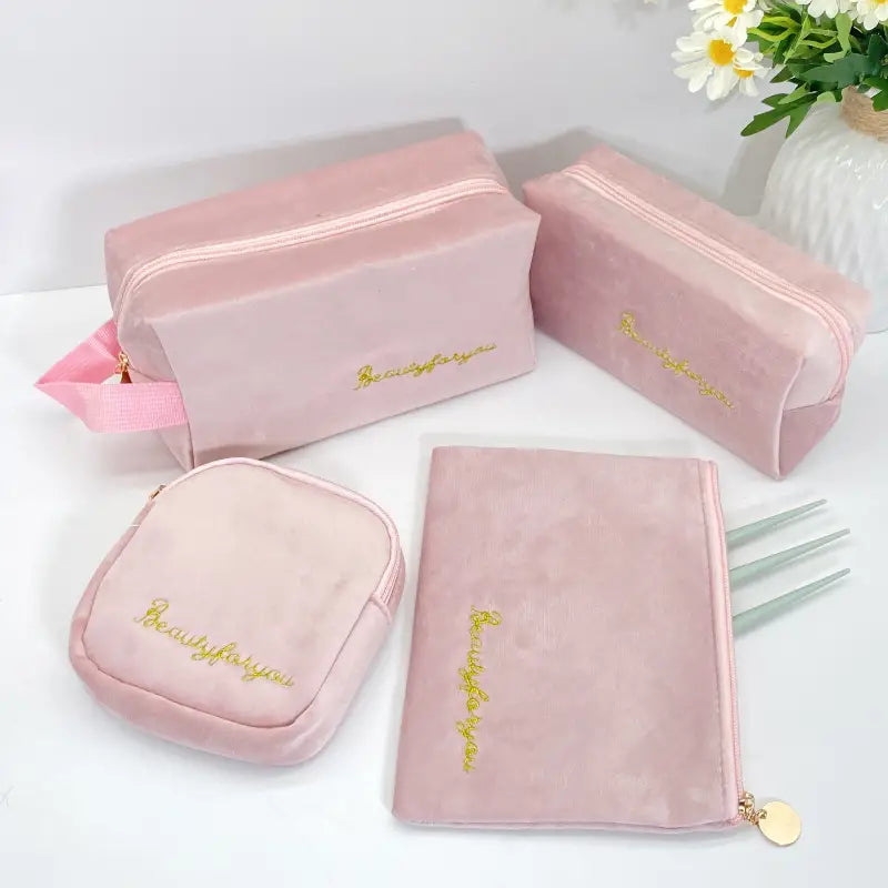 Pink Flannel Makeup Bag Set for Women, Large Capacity