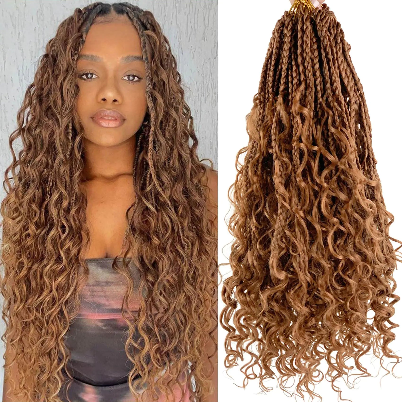 8 Packs Goddess Box Braids Crochet Hair 16 Inch Light Brown Boho Crochet Braids With Curly Ends Pre-Looped Bohemian Box Braids Crochet Hair For Women(8 Packs 30#)