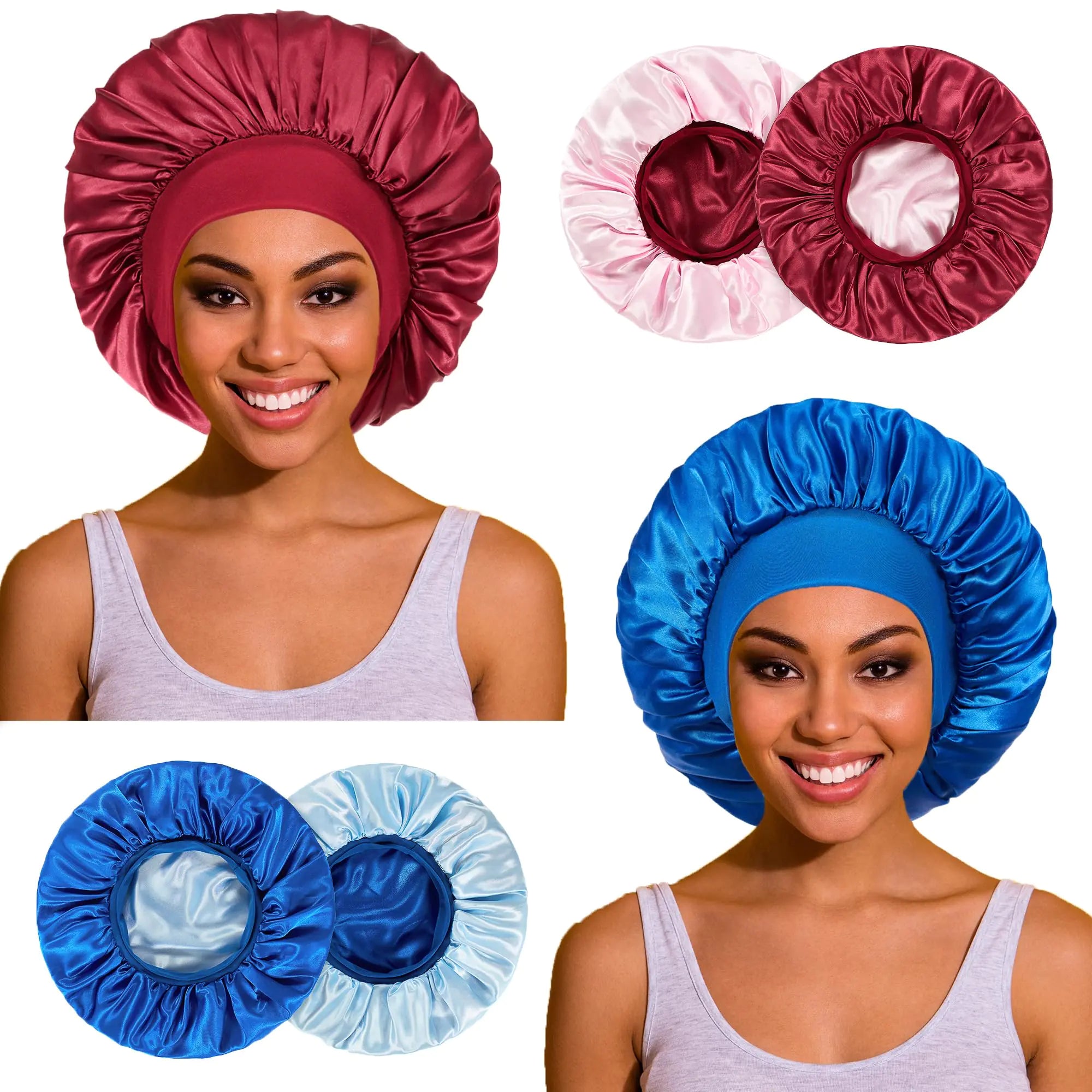 2pcs Reversible Bonnet Silk Bonnet for Sleeping Satin Bonnet for Sleeping Sleep Bonnets for Women Night Cap Hair Bonnet for Sleeping Double Layer Two-Color Wide Band Sleep Cap Bonnet for Curly Hair