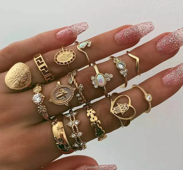 15-Piece Heart Ring Set with Cross and Diamond Design